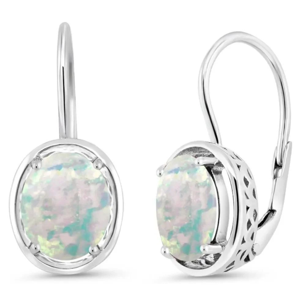 925 Sterling Silver with 1.20 Cttw White Opal Oval Leverback Drop Earrings
